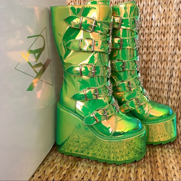 New YRU Dune Weed Green Holo Platform  Boots - Picture 2 of 8